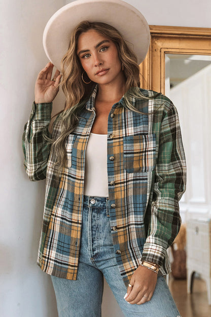 Green Plaid Colorblock Casual Pockets Button Up Shacket