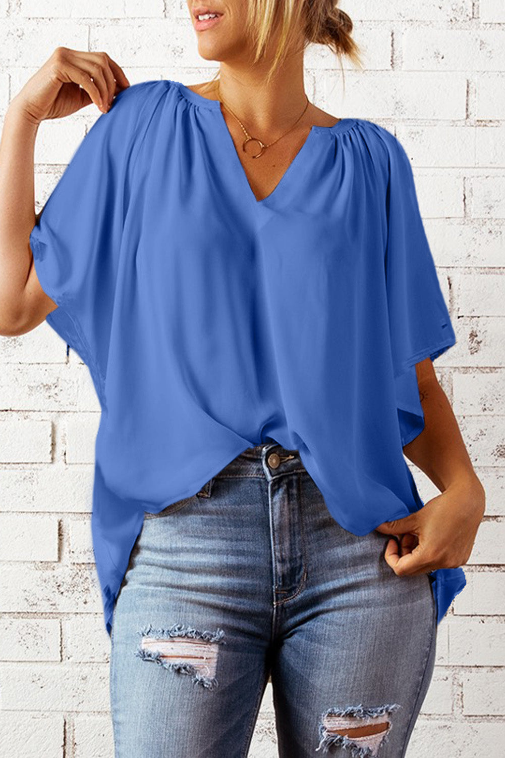 Green Casual Split Neck Pleated Loose Blouse