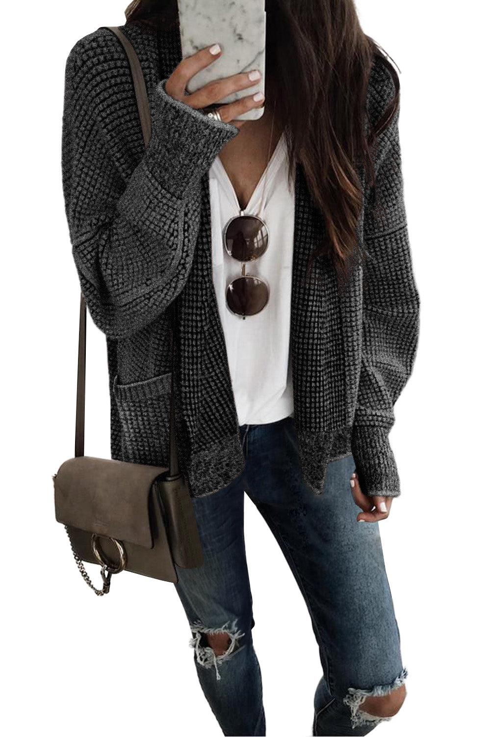 Apricot Chunky Knit Pockets Drop Sleeve Cardigan