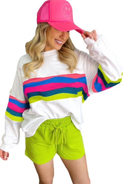 Green Colorful Striped Round Neck Long Sleeve Top