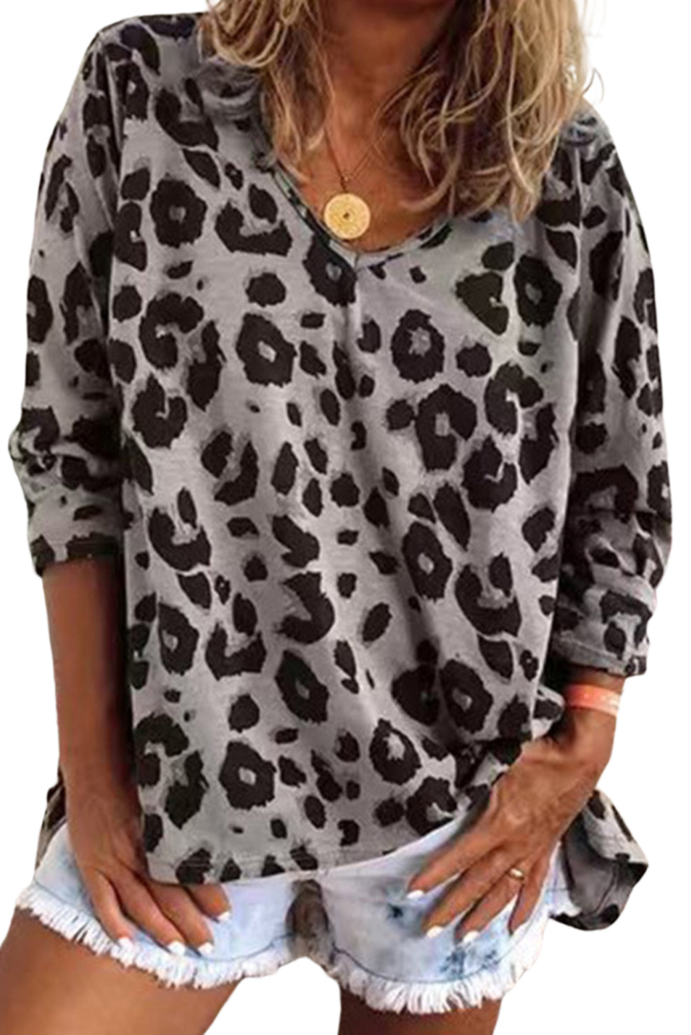 Gray Leopard V Neck Loose Long Sleeve Top