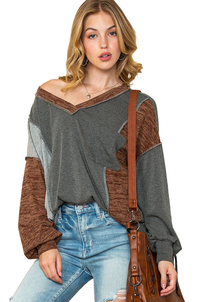 Brown Exposed Seam Patchwork V Neck Long Sleeve Top