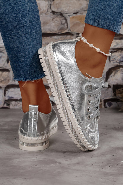 Silvery Rhinestone Metallic Sheen Lace-up Sneakers