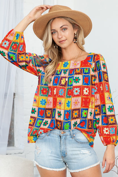 Multicolor Flower Pattern Lantern Sleeve Square Neck Top