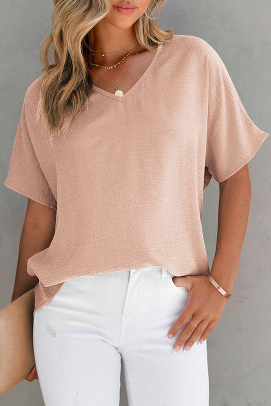 Pink Solid V Neck Textured Short Sleeve Plain Blouse