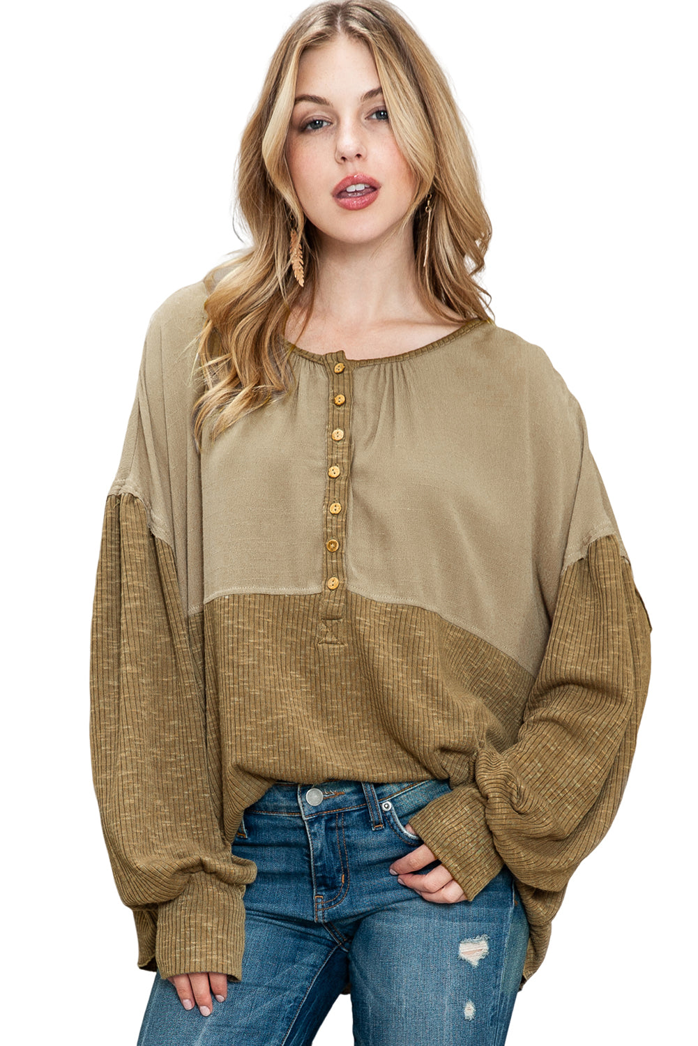 Khaki Ribbed Patchwork Bishop Sleeve Henley Top