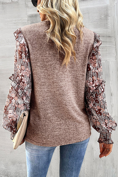 Apricot Pink Contrast Ruffle Floral Sleeve Top