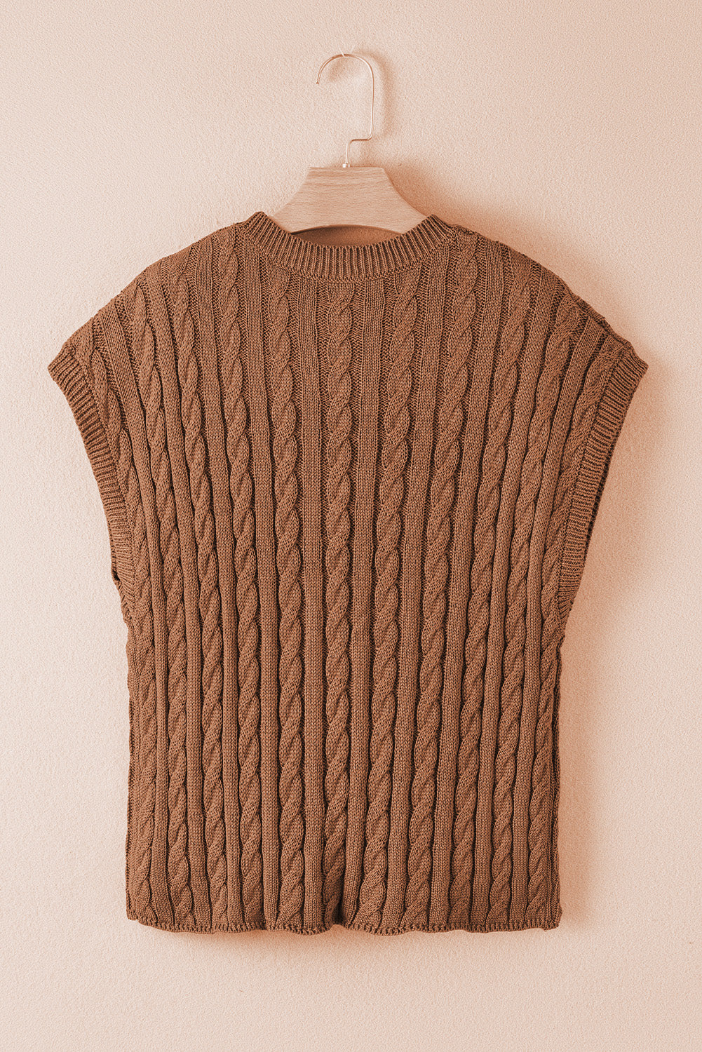 Gray Solid Cable Knit Short Sleeve Roun Neck Sweater