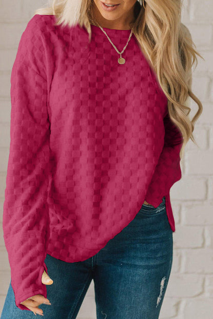 Rose Red Checkered Furry Thumbhole Long Sleeve Top