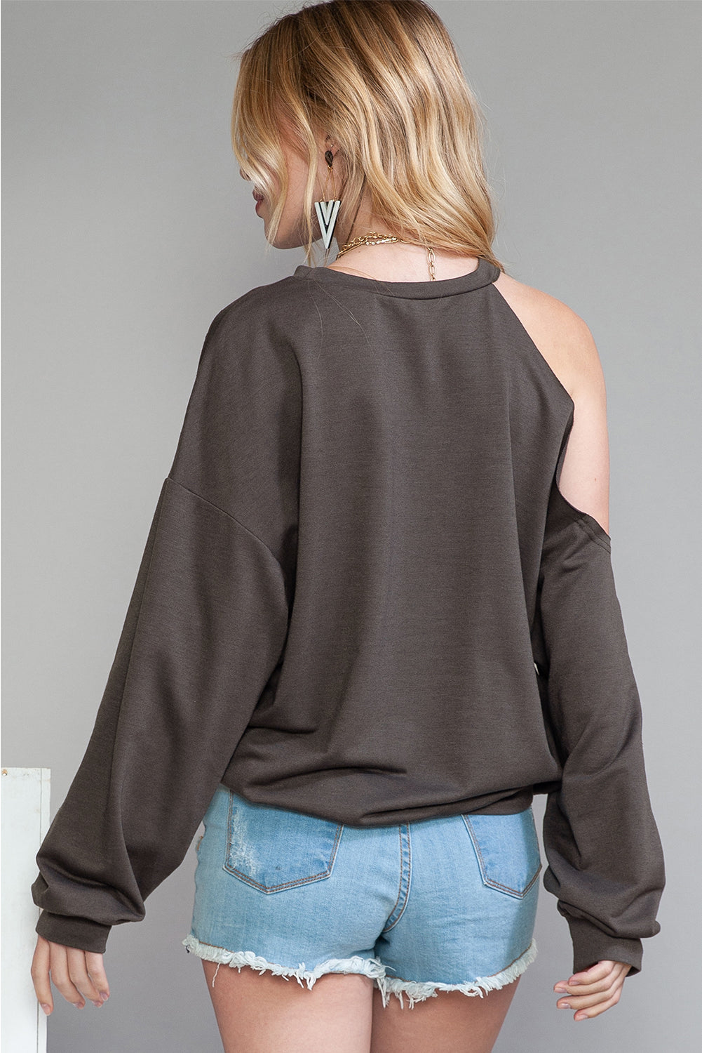 Grey Ripped Cold Shoulder Drop Sleeve Top