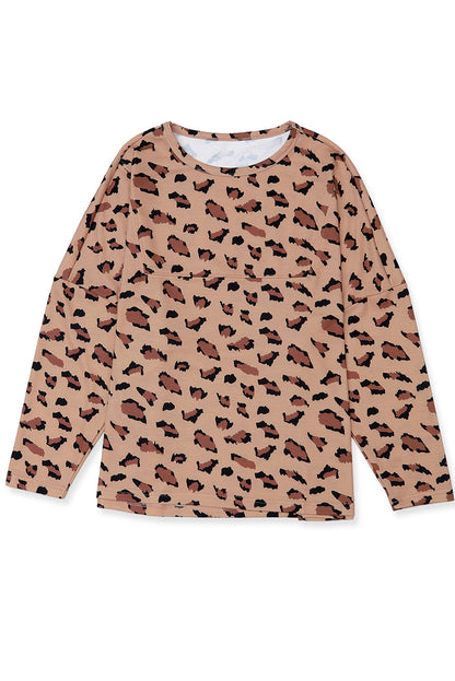 Brown Leopard Stitching Loose Long Sleeve Top