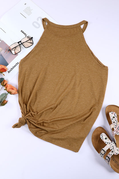 Brown Solid Color Crew Neck Tank Top