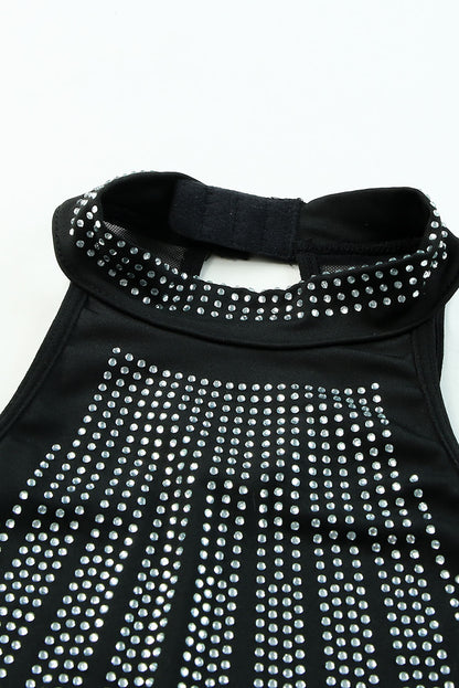 Black Sexy Rhinestone Sleeveless High Neck Bodysuit