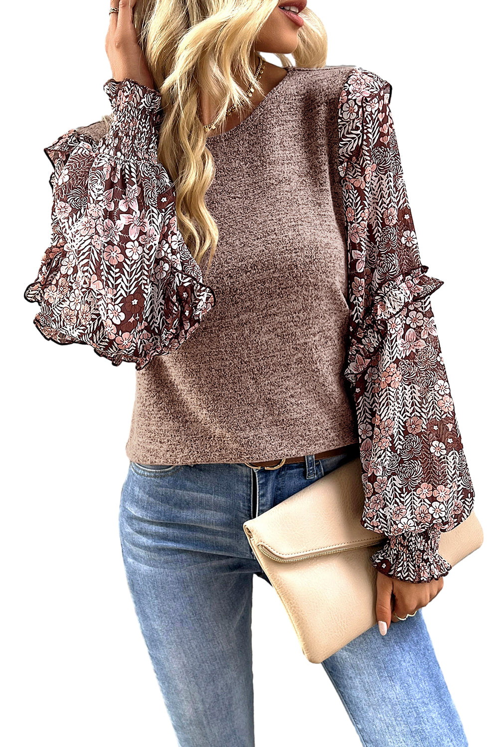 Apricot Pink Contrast Ruffle Floral Sleeve Top