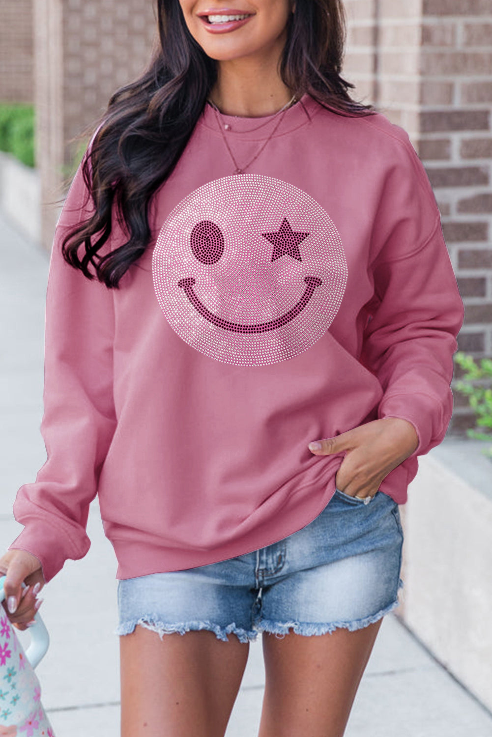 Black Rhinestoned Smile EMOJ Graphic Crew Neck Sweatshirt