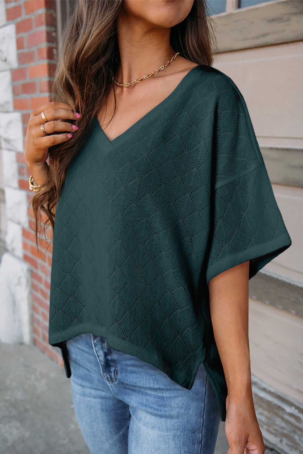 Blackish Green V Neck Knitted Flowy Blouse