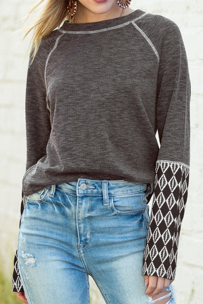 Gray Ribbed Casual Geometric Patchwork Long Sleeve Top