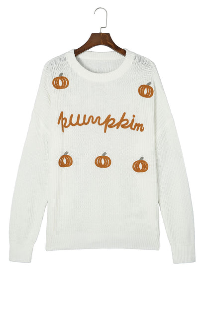 White Crochet Pumpkin Drop Shoulder Sweater