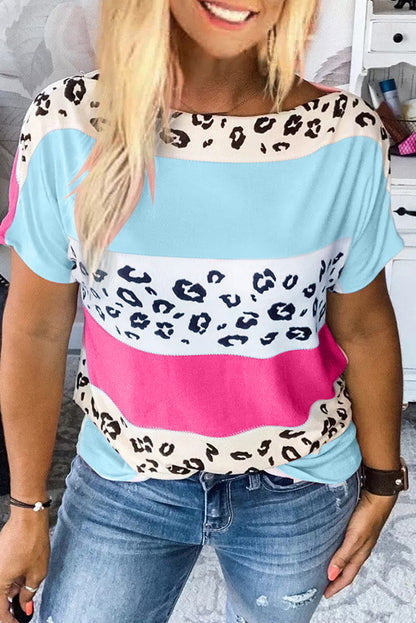 Leopard Stripes Color Block Boat Neck Tee