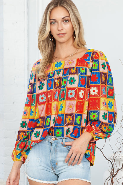 Multicolor Flower Pattern Lantern Sleeve Square Neck Top