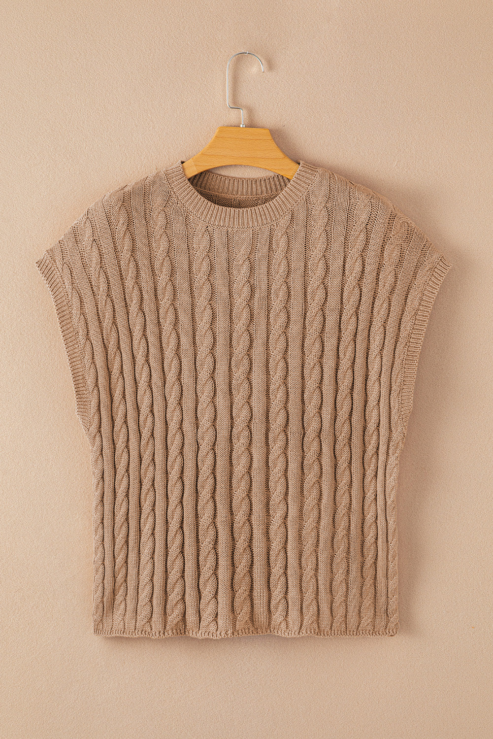 Gray Solid Cable Knit Short Sleeve Roun Neck Sweater