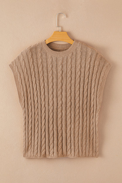 Gray Solid Cable Knit Short Sleeve Roun Neck Sweater