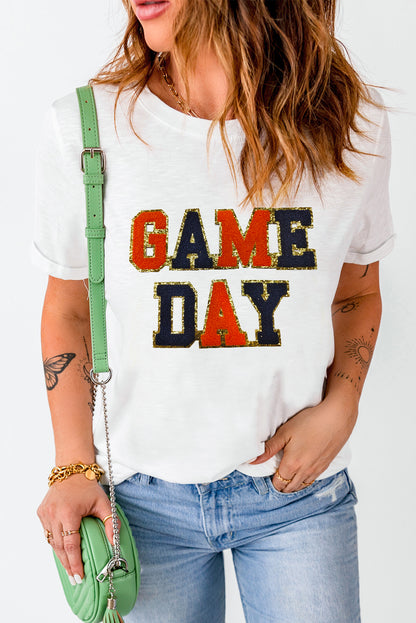 White GAME DAY Glitter Detail Round Neck T Shirt