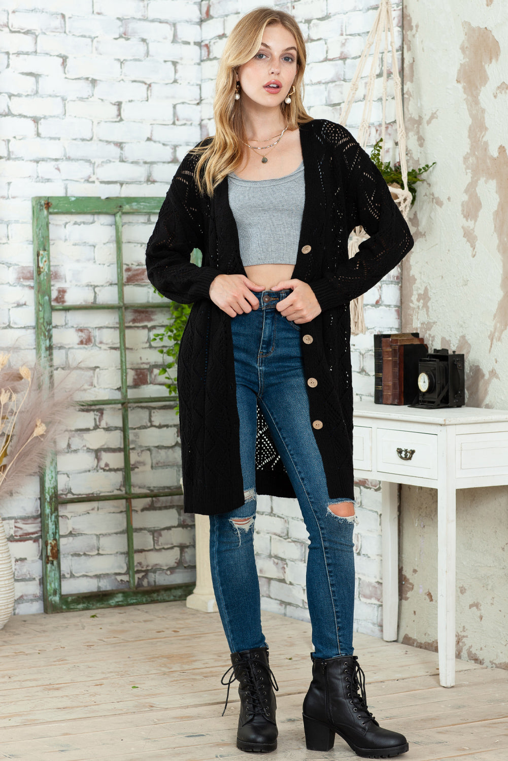 Khaki Button Up Hollow Out Loose Long Cardigan