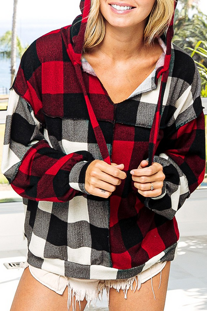 Multicolor Patchwork Buffalo Plaid Hooded Top