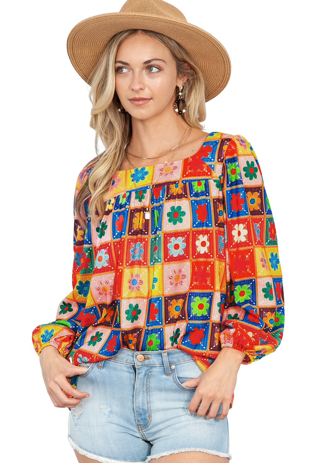 Multicolor Flower Pattern Lantern Sleeve Square Neck Top