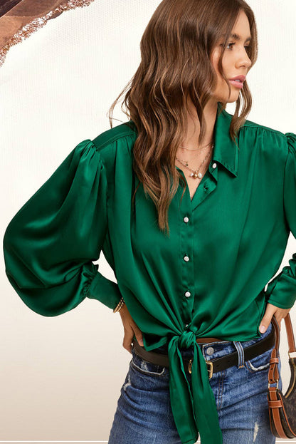 Dark Green Button Down Balloon Sleeve Tie-Front Shirt