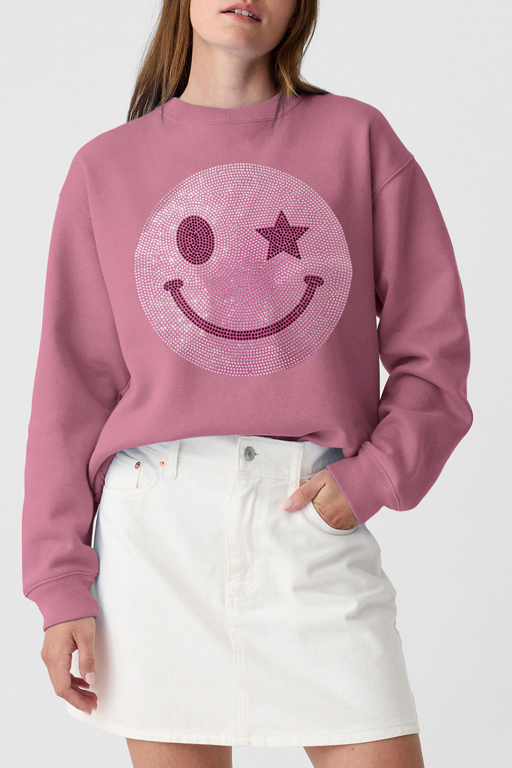 Black Rhinestoned Smile EMOJ Graphic Crew Neck Sweatshirt