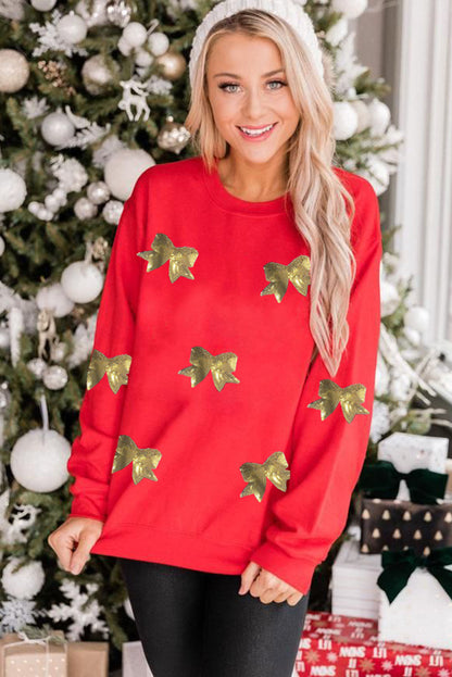 Red Bowknot Patched Pattern Crewneck Christmas Sweatshirt