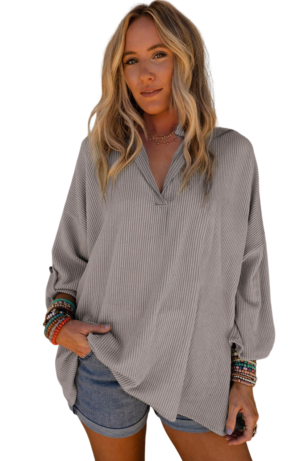 Grey V Neck Drop Sleeve Ribbed Top