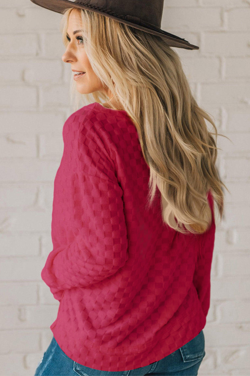 Rose Red Checkered Furry Thumbhole Long Sleeve Top