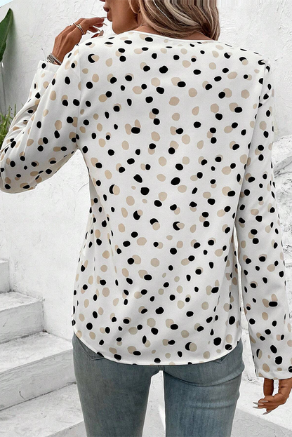 Green Dotted Print Button Front V Neck Blouse