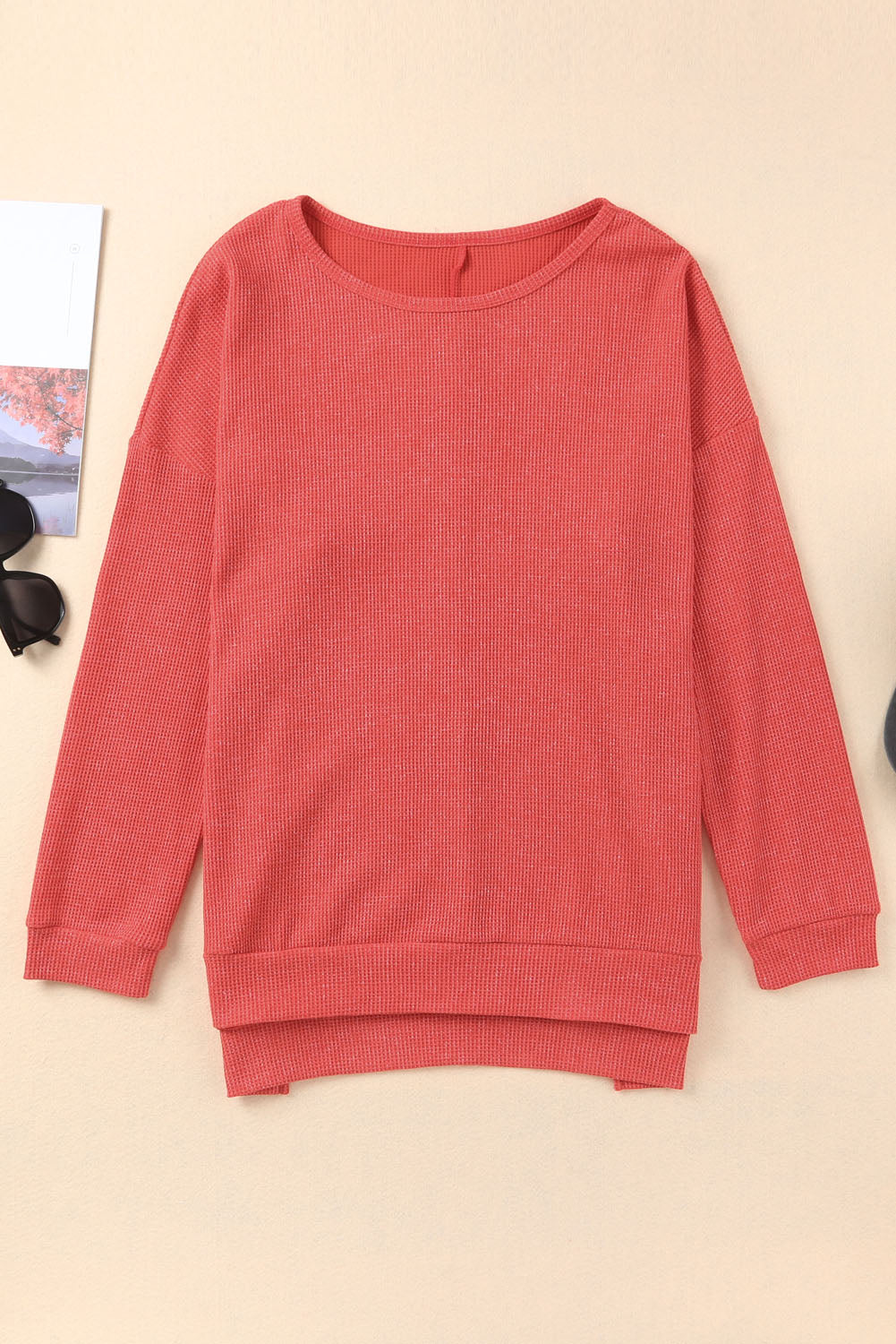 Red Waffle Knit Side Slit Pullover Long Sleeve Top