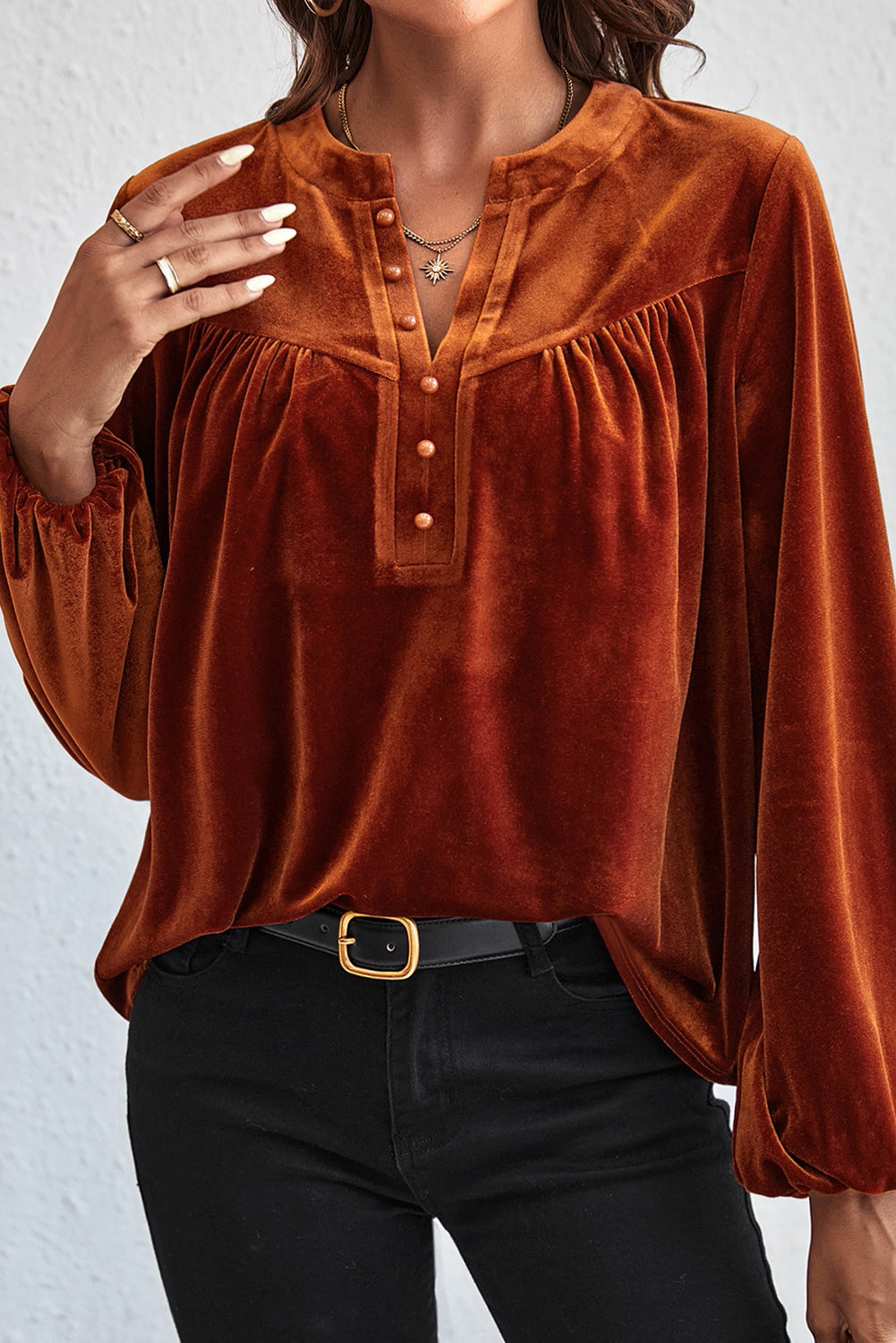 Skobeloff Velvet Henley Beaded Lantern Sleeve Top