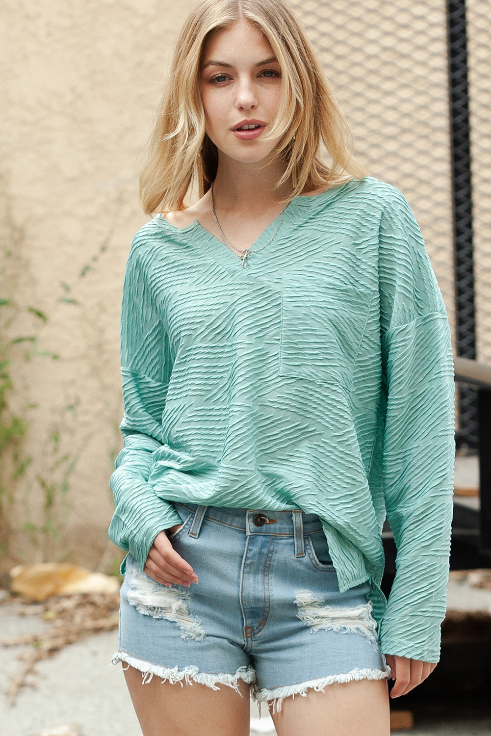 Green Textured Split V Neck Long Sleeve Top