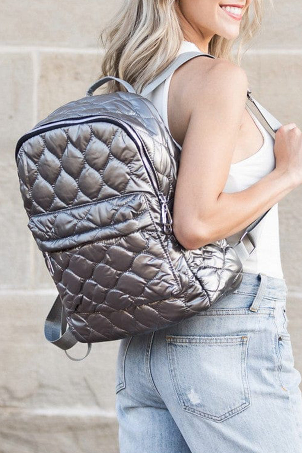 Black Solid Color Quilted Zipped Backpack