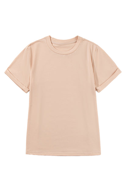 Rose Red Solid Color Crew Neck Roll Up Sleeve Tee