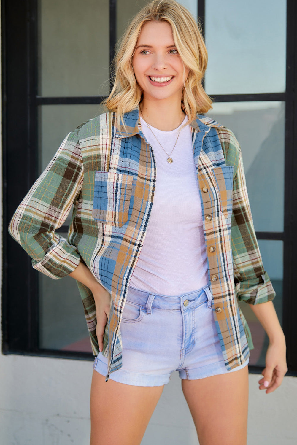 Green Plaid Colorblock Casual Pockets Button Up Shacket