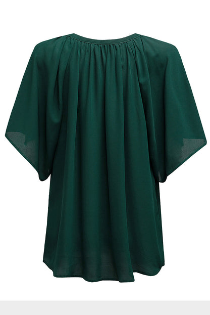 Green Casual Split Neck Pleated Loose Blouse