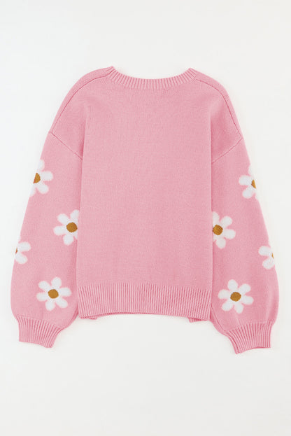 Pink Floral Pattern Drop Shoulder Pullover Knit Sweater