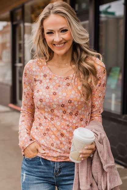 Orange Boho Floral Round Neck Knit Long Sleeve Top