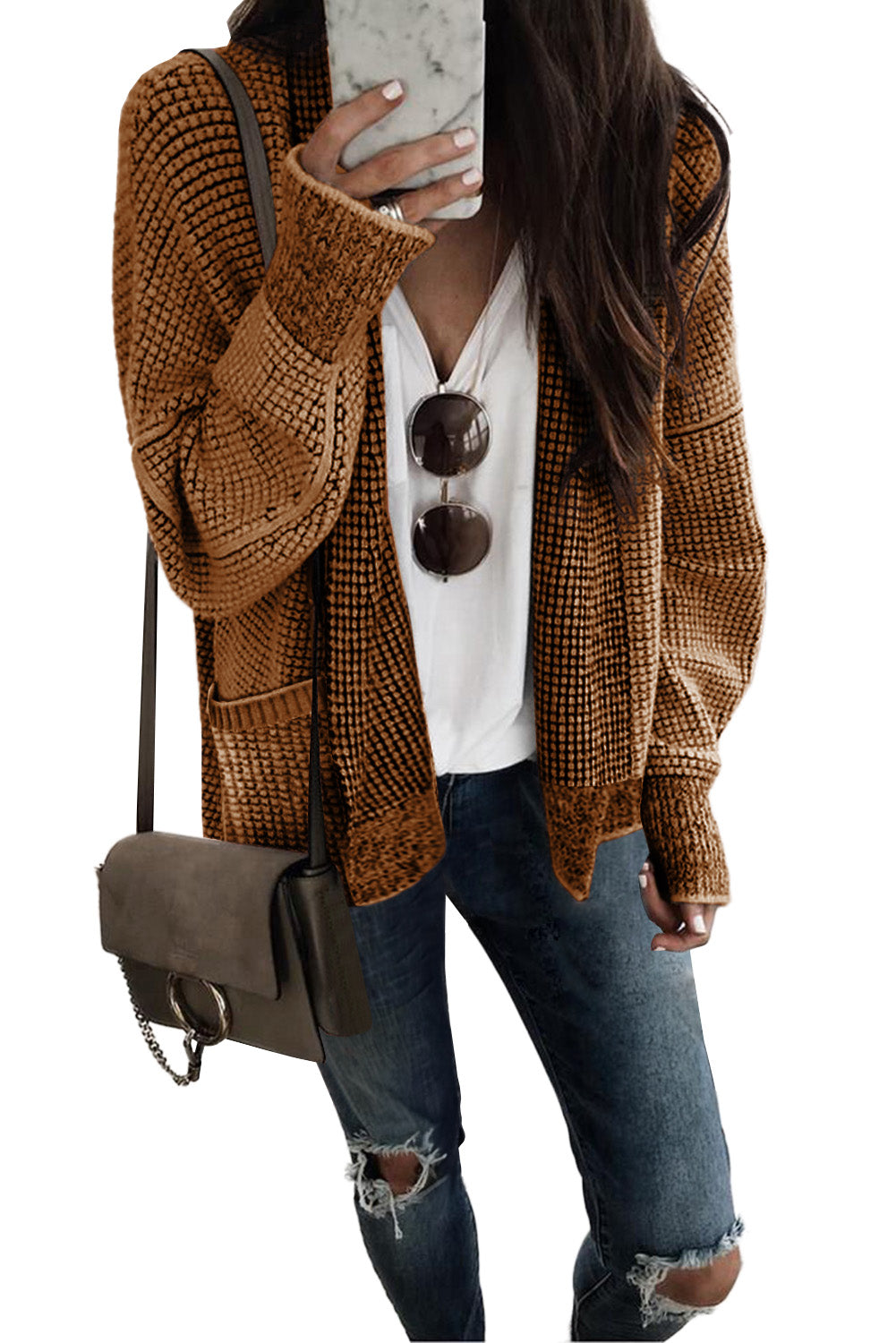 Apricot Chunky Knit Pockets Drop Sleeve Cardigan