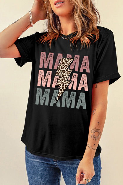 Black Leopard Lightning MAMA Letter Print Graphic Tee