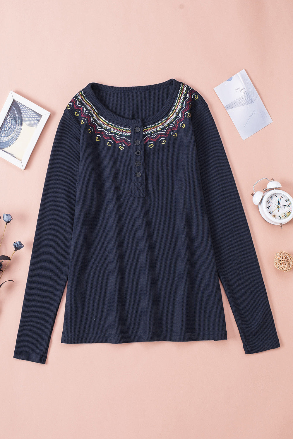 Navy Blue Casual Embroidered Round Neck Waffle Henley Top