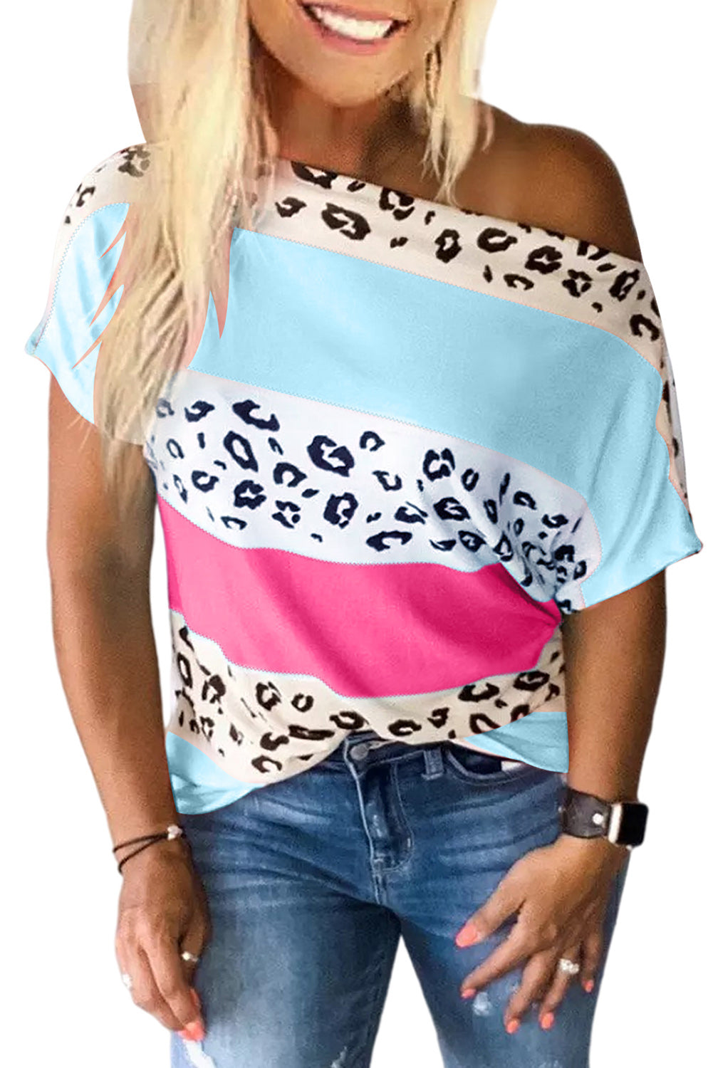 Leopard Stripes Color Block Boat Neck Tee