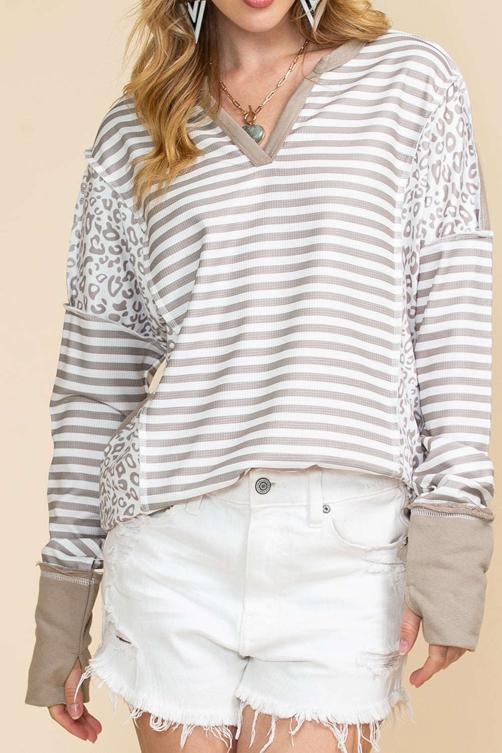 White Striped and Leopard Patchwork V Neck Long Sleeve Top